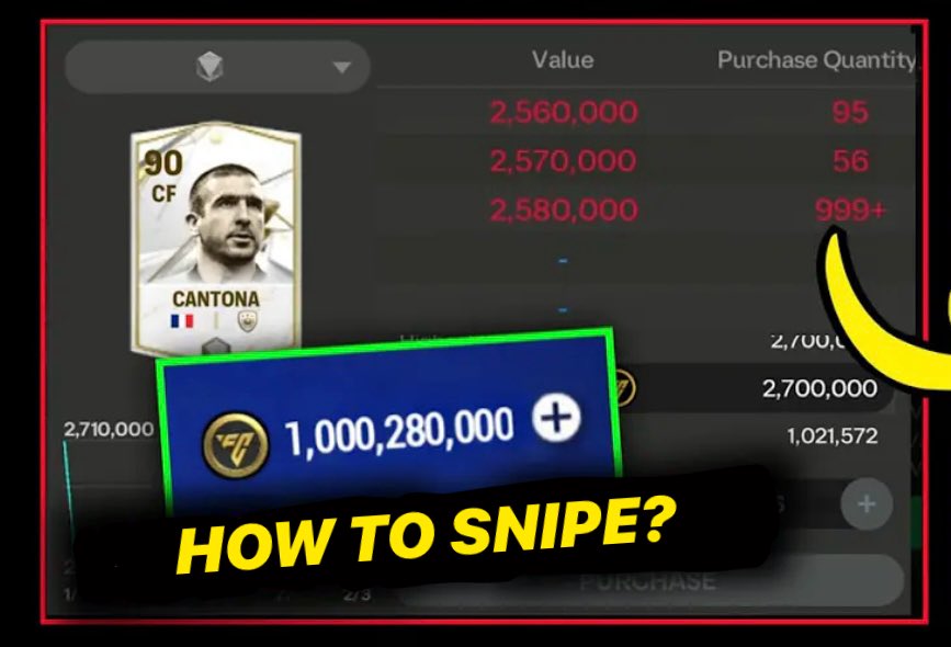 Amar__FC's tweet photo. 💰Sniping Explained💰

- Imagine a card priced at around 10M

- If there's a huge demand for this card at that price (e.g., over 999 orders), placing a new order won't get you the card because many buyers are in front of you

- When the price refreshes, the high demand over the past hours will likely raise the card's price to, say 10M
- Since everyone was buying the card at 9M, placing an order at the new price (10M) puts you at the front of the queue because you're offering more. This quick action will help you get the card.

 How to Snipe

1. **Determine Refresh Time**: Use the ** Renderz app** to find out when the card's price refreshes and either note it down or memorize it.

2. **Add to Watchlist**: Place the card you want to snipe in your game watchlist.

3. **Use a Precise Clock App**: Open a floating clock app that displays milliseconds.

4. **Adjust for Internet Speed**:
   - If your internet speed is around 100-150Mbps, press purchase about 200-250 milliseconds before the refresh time. This compensates for the delay in loading prices due to slower internet.
   - If you have a very fast connection, press purchase exactly at the refresh time to avoid loading older prices.

5. **Act Quickly**: Wait on the watchlist screen. When the floating clock hits the refresh time, press the purchase button and place your order. You can place multiple orders if the card's overall rating is low (indicating higher supply), or just one order if the card is high-value 

6. **Wait and Review**: After placing your order, wait for the next few hours. If you're fast enough and get the card, great! If not, cancel the order before the next refresh time and try again .

CREDITS- virtual_eagle (Discord)