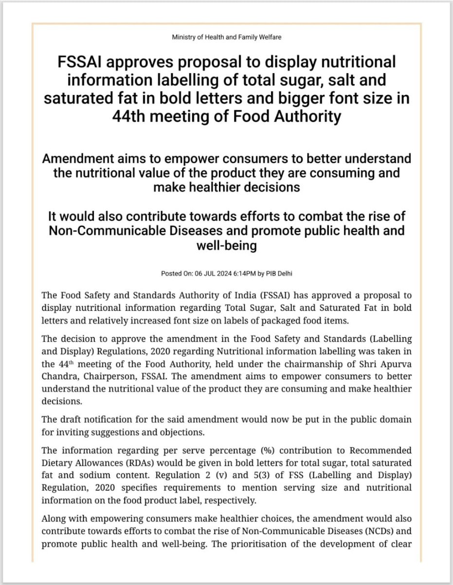 Khushi75758998's tweet image. पैकेट पर फैट, चीनी, नमक बताने के लिए नए लेबलिंग नियम
बड़े फॉन्ट में बताना होगा उत्पाद में कितना है नमक, चीनी, फैट
#NewLabellingRules #LabellingRules #Fat #Sugar #Salt #FSSAI @fssaiindia