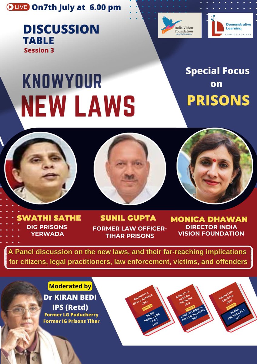 thekiranbedi's tweet image. Today at 6 PM on YOU TUBE Channel @DemonstrativeLE and 4 other SM handles, 
To hear the experts on the issue of #Prisons under #NewLaws
@swatisathe4 DIG Pune Prisons
@IVFoundation Director 
#SunilGupta Former Law Officer 
YouTube Live Link 
• youtube.com/live/knwWDBSuJ…
Facebook