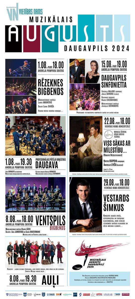 🩷No 1. līdz 29. augustam  piecas ceturtdienas A. Pumpura skvērā un Daugavpils Vienības nama koncertzālē notiks jau par neatņemamu sastāvdaļu Daugavpils kultūrā kļuvušais festivāls „Muzikālais augusts Daugavpilī 2024”🎼Šogad tas notiks jau 12. reizi.
Programma 👇👇👇
#daugavpils