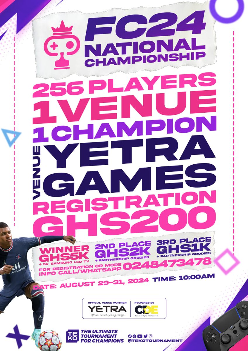 Are you ready to take your virtual football skills to the next level? The <a href="/tekotournament/">TEKO</a> FC24 National Championship is your ultimate chance to shine.

Register now: Visit tinyurl.com/teko24

TEKO Tournament – Where Champions Are Made!
#fc24 #esport

@colossiumde  <a href="/yetra_gh/">Yetra E-Blue Esports Stadium</a>