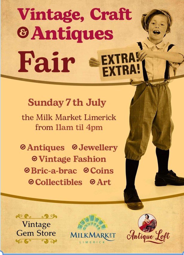 Pop in to <a href="/TheMilkMarket/">Limerick Milk Market</a> the   Limerick Vintage, Crafts and Antiques Fair is on today from 11 until 4.
There will be plenty of stalls to pick up something interesting and grab a bite to eat.
<a href="/FlannerysBar/">Flannerys Bar Limerick</a> <a href="/WildeIrishChocs/">Wilde Irish Chocolates</a> <a href="/HarpersLimerick/">Harpers</a>