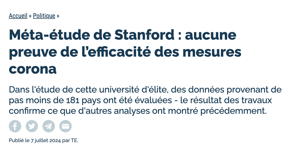 Politiques, médecins de plateaux TV, médias subventionnés vous ont tous racontés que les confinements avaient sauvé des vies ! Nous avons toujours dit le contraire. Et nous avions encore raison ! 

Une étude récente de Stanford intitulée « Résultats épidémiques suite aux réponses