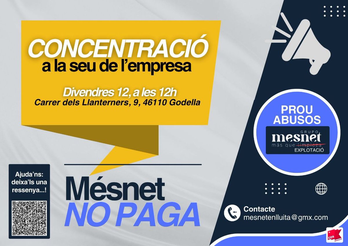 🔴 Mesnet no paga a les seus treballadores dels centres educatius❗️

🔥 Diem prou i ens concentrarem el proper divendres 12 a les 12:00 a la seu de Mesnet (Carrer dels Llanterners, 9, 46110, al polígon d Godella) per mostrar el nostre descontent 🔥
