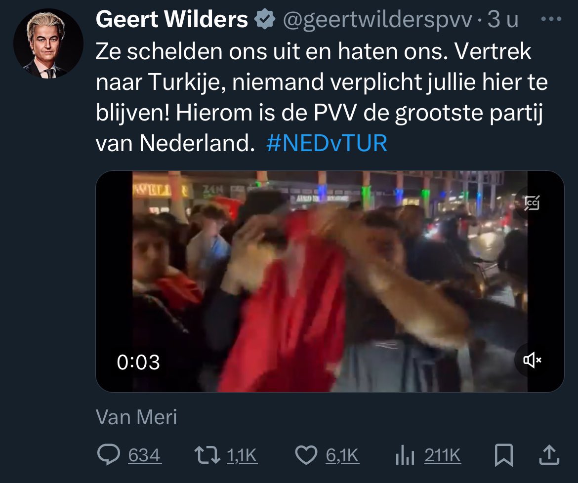 De waarheid 180 graden anders. 

In mijn stad Amsterdam werd er gisteravond gezamenlijk gefeest, getoeterd, gedanst. In andere steden ook. Het ware Nederland. Voetbal verenigt. 

Deze gestoorde gek is slechts bezig met de fascisme agenda voor Patriots for Europe. 

Geert Wilders