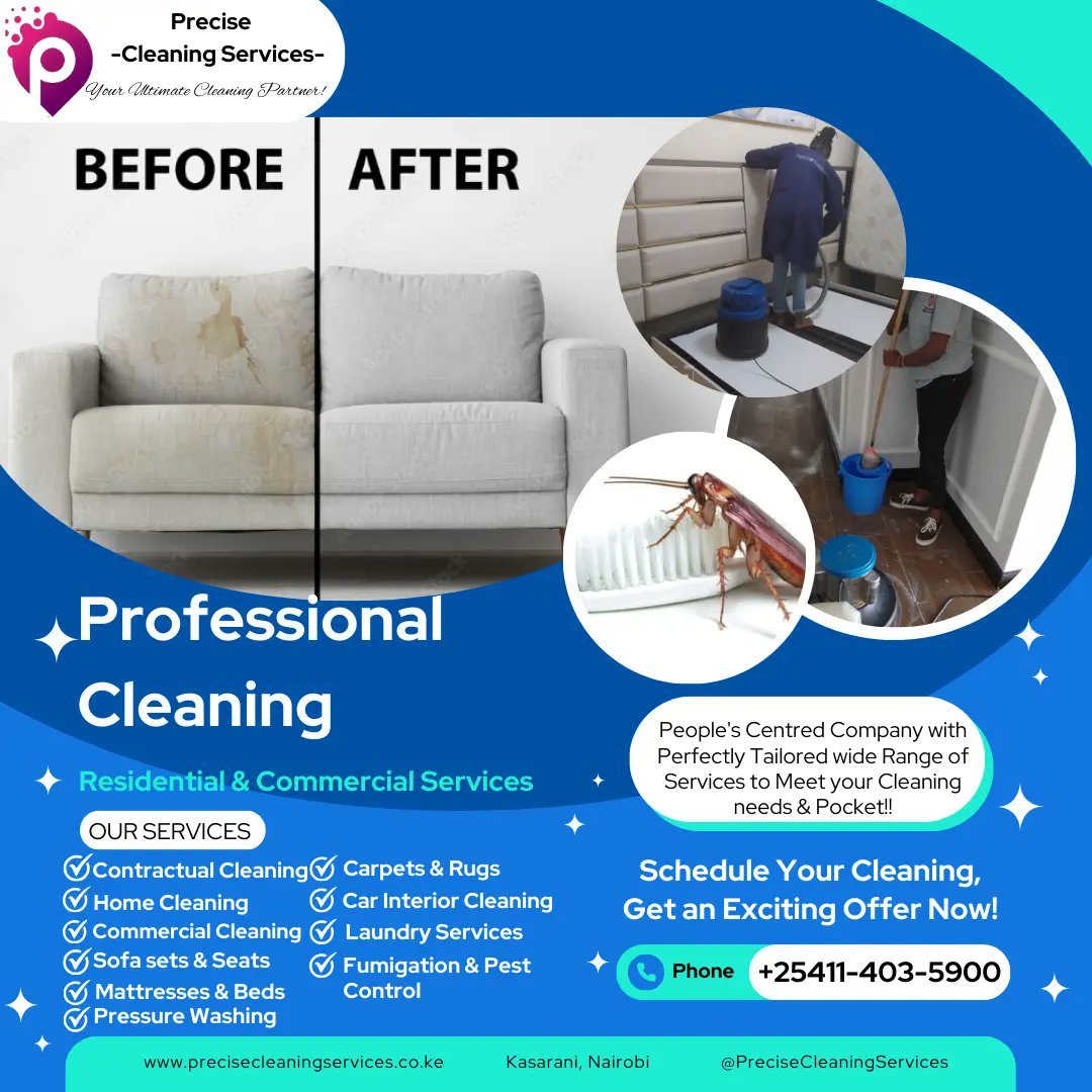 PreciseCService's tweet image. Book your Cleaning appointment today!
Reach out and Learn more about our special offers specifically tailored for you!
For more information visit; precisecleaningservices.co.ke
+254114035900 | +254742579090
#SabaSaba #uhurupark #GachaguaExposed #SabaSabaMarchForOurLives