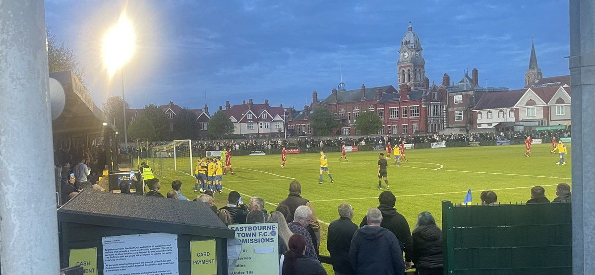 FishChipsFooty's tweet photo. The historic backdrop to @eastbournetfc ground at #saffrons Designed in the Renaissance style under the supervision of the Duke of Devonshire’s architect, work on Eastbourne Town Hall took two years and was built by local contractor James Peerless. It opened in 1886. 
#nonleague https://t.co/wu8H5RJjy3