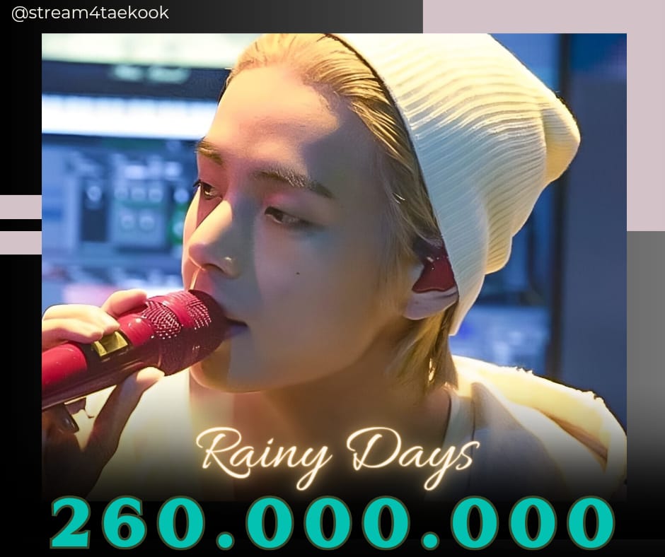 "Rainy Days" by V has surpassed 260 Million streams on Spotify.

Congratulations Taehyung! 💚
#RainyDays260MOnSpotify