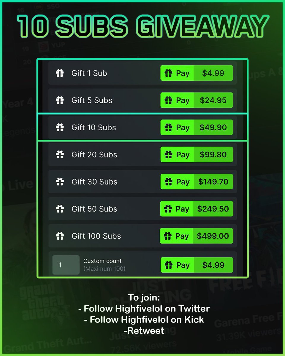 highfivelol's tweet image. 🟢10 SUBS GIVEAWAY🟢

To join:
- Follow me on Twitter (@highfivelol )
- Follow me on Kick (kick.com/highfivelol)
- Retweet

Extra entries:
- Every Sub in July - Extra Entry
- Every 500 Channel Points - Extra Entry (!ticket in chat)

Drawing on the 2nd of August.