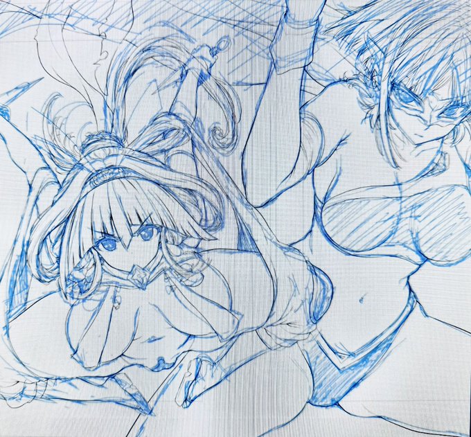 お次のカラーイラスト執筆中😊✒️
ハイパーガールさん&amp;抜け忍くノ一ちゃんのツインイラスト。
これは女神敗北17話に載るカラーページになります。
今回はひさびさにカッコいい系だ、無様・敗北臭がないイラストはかなり新鮮だなあ笑😆
まあ、くノ一ちゃんの股間見ると…ああ笑😅となりますが 