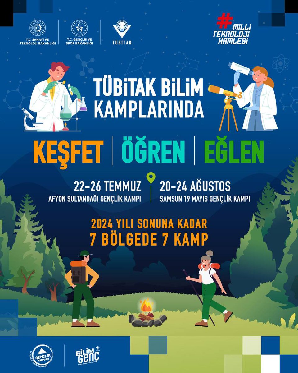 TÜBİTAK Bilim Kampı başvuruları başladı! 🏕🧪🔬 
 
👩‍🎓👨‍🔬 Öğrencilerimizin bilim ve teknoloji farkındalığını artırmaları, bilimsel ve teknik beceriler geliştirmeleri ve yeteneklerini keşfederek hedefler belirlemeleri için düzenlediğimiz TÜBİTAK Bilim Kamplarında; keşfedecek,