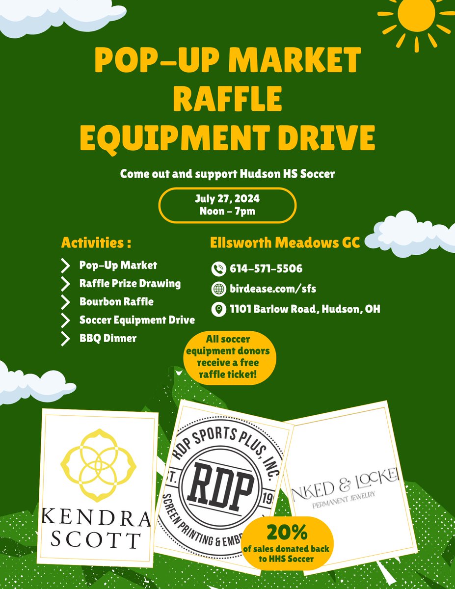 Please come out and support our high school soccer players on July 27 at @EllsworthMeadowGC (12pm-7pm).
*POP-UP SHOPS
*SOCCER EQUIPMENT DRIVE
*RAFFLE BASKET DRAWING
*BOURBON RAFFLE
*BBQ DINNER
More info at birdease.com/sfs