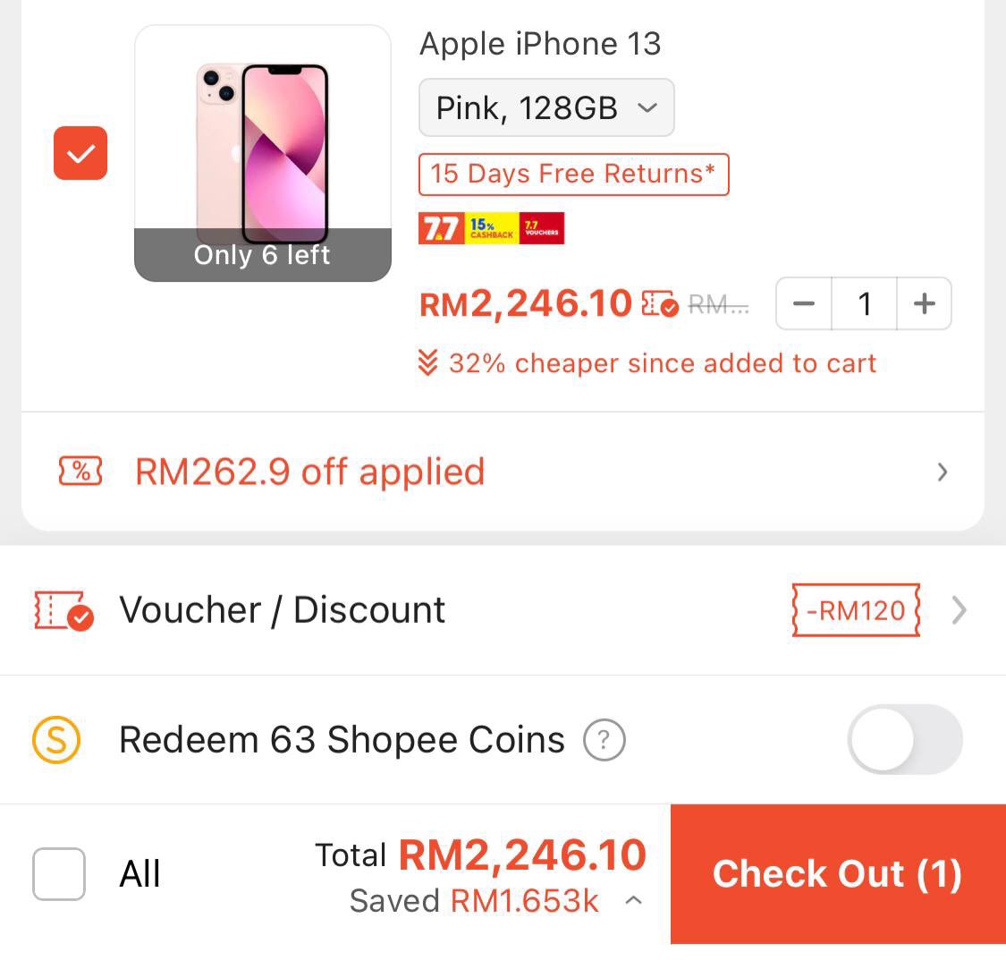 Harga iPhone 13 harini turun kaw kaw guys, paling murah yang pernah aku jumpa.

Sebab ada voucher RM300 + RM120 OFF so harga jadi RM2.2k je 😭😭😭