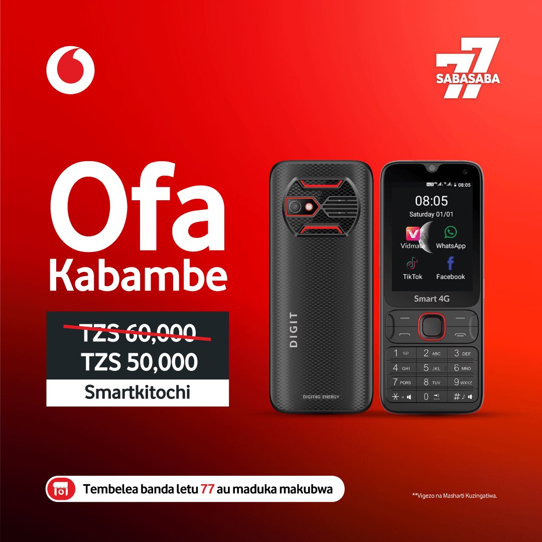 VodacomTanzania's tweet photo. Ofa kabambe Sabasaba hii! Furahia ofa babkubwa kwa kupata punguzo la bei kwa simu zetu. Tembelea banda letu la Sabasaba au maduka makubwa ya Vodacom kupata ofa hizi.
#sabasaba24 #SimuJanja #PamojaTunaweza https://t.co/PGhnMGjv8l