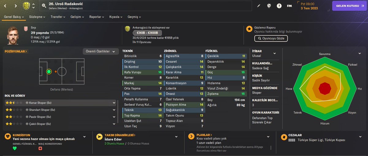 fmdozu's tweet photo. 🔴⚪️ Sivasspor'un yeni transferi Uros Radakovic'in #FM24 profili. ✅
CA: 120 / PA: 121
#FooballManager https://t.co/NSjo95mRjp
