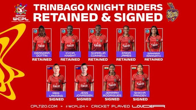 KKRUniverse's tweet image. Overseas signing by TKR-W for WCPL 2024:

Meg Lanning
Jemimah Rodrigues
Jess Jonassen
Shikha Pandey

#TKR #KKR @VenkyMysore