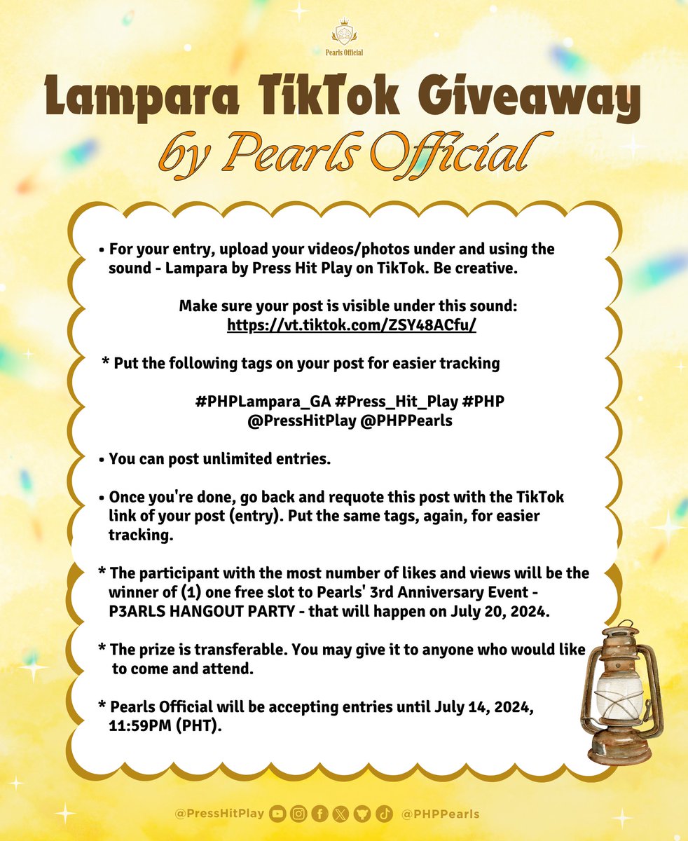 [Lampara TikTok Giveaway]

Lampara is not yet out but by just simply using it on TikTok, you'll be able to get a chance to win one of the (2) FREE SLOTS to P3ARLS HANGOUT PARTY!🥳 

To join, follow the mechanics below.

#PHPLampara_GA
#Press_Hit_Play #PHP
<a href="/PressHitPlay/">Press Hit Play Official</a>