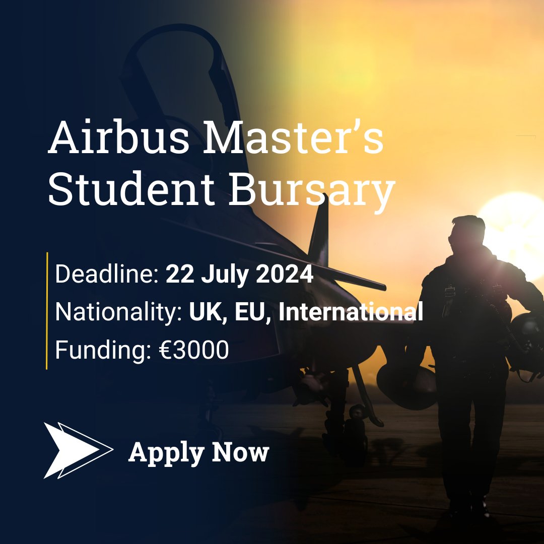 Airbus have partnered with Cranfield University to offer a bursary of €3,000 to an applicant of Cranfield University Shrivenham.

Applicants must have first applied and been accepted to study an eligible Master's course. 

Don't miss out, apply now:
cranfield.ac.uk/funding/fundin…
