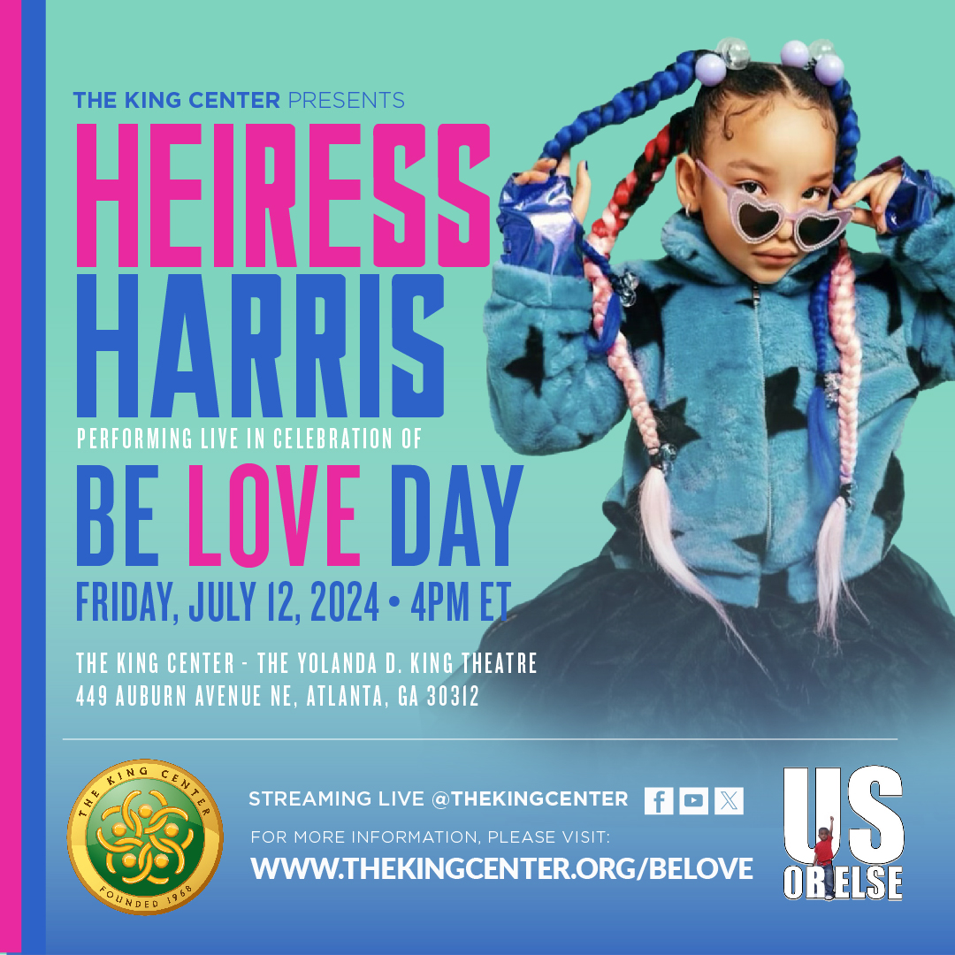 TheKingCenter's tweet photo. BE LOVE DAY is Friday, July 12th! And we’re closing out the love-packed day with performances from #HeiressHarris and #VanVan, and a finale concert with #JadeNovah! Join us at #TheKingCenter in #Atlanta or streaming at https://t.co/e8XgnssQwz

#BeLoveDay #BeLove #Love #MLK https://t.co/Zn2nVfV0Ul