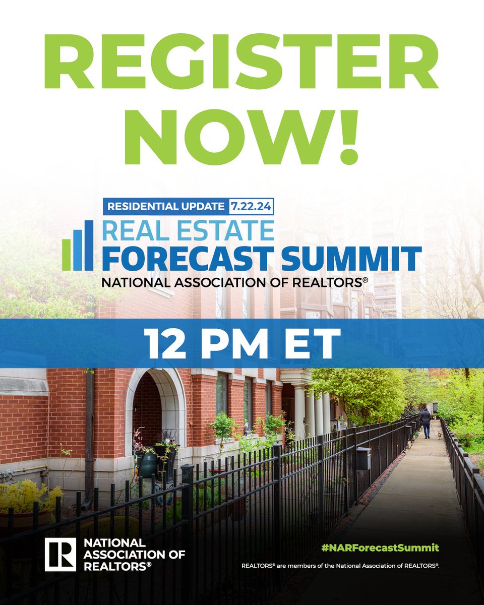On July 22, 2024, from 12:00 – 1:00 p.m. ET, NAR will hold a virtual economic and real estate summit that will provide an outlook on the changing residential real estate market. Register here:
nar.realtor/events/nar-rea…