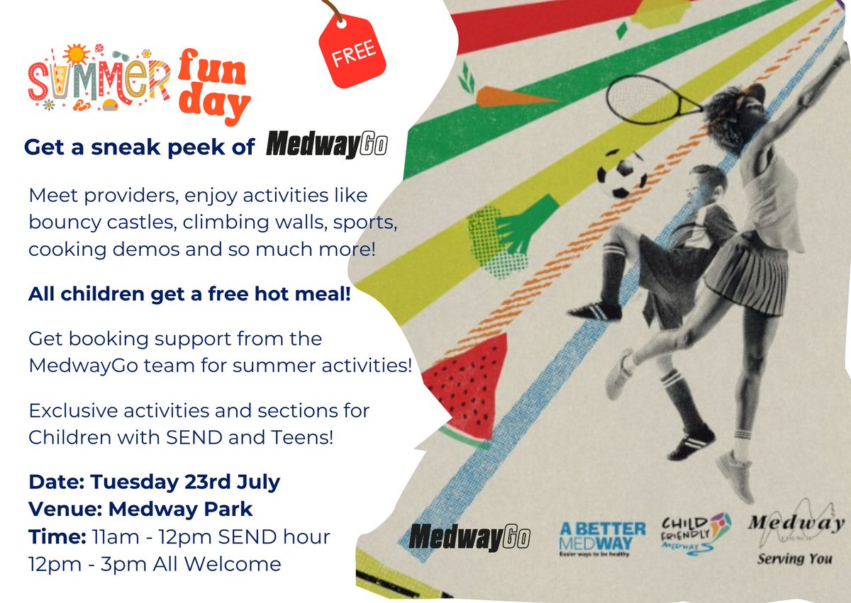 MEDWAYGO FAMILY FUN DAY : 

Join the MedwayGo team at Medway Park, Gillingham on 23 July from 12 noon for fun, activities, friends and food! This event is free and open to all children ages 5-16 years. 

Find out more and register your interest :  orlo.uk/x7flK