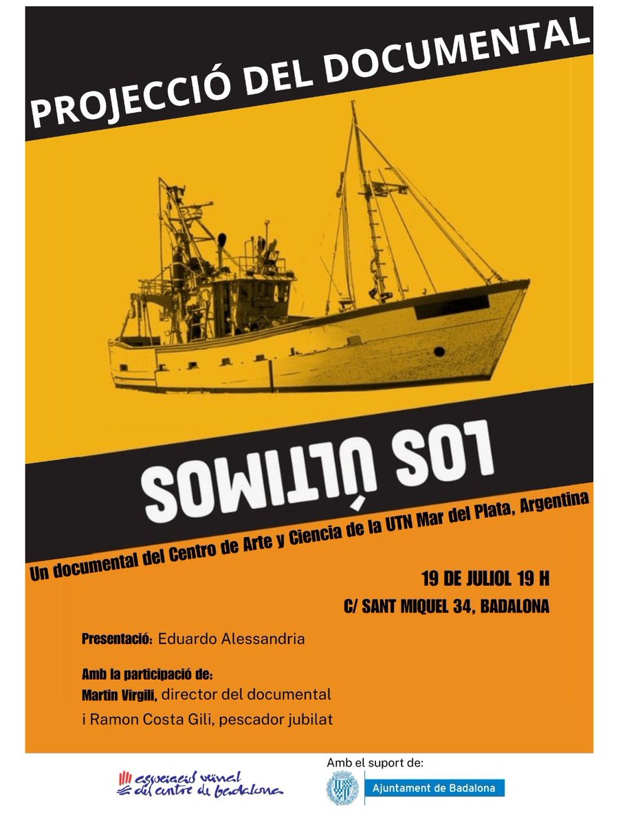 Dv 19/07, a les 19 presentem, a l'AVV Centre, el documental 🇦🇷 "Los Últimos" que explica la problemàtica de la pesca artesanal a #MardelPlata  Tindrem al director Martín Virgili i al pescador de #Badalona Ramon Costa, mirada local del tema. Us hi esperem!