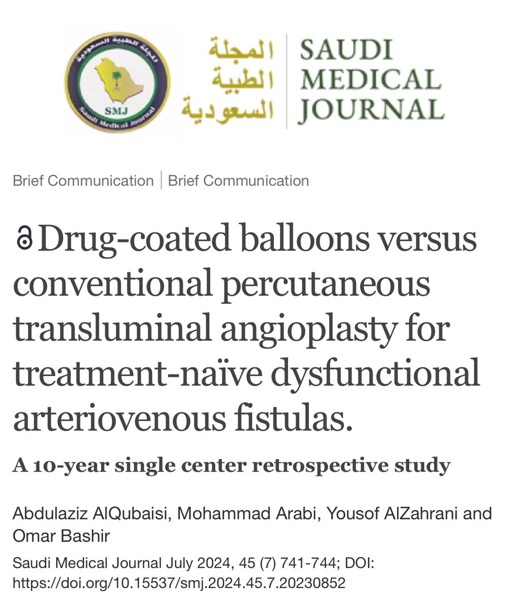 Mohammad Arabi (@marabi2004) on Twitter photo Our newly published retrospective study. median time to
re-intervention for PTA was 216 days compared
to 304 days for DCB (p=0.079). Primary patency
at 6 months was 60.4% for PTA and 75% for DCB
(p=0.141) smj.org.sa/content/45/7/7… <a href="/MNGHA_R_VIR/">MNGHA_R_VIR</a> <a href="/sirs_ksa/">Saudi Interventional Radiology Society</a> <a href="/pairsmedia/">PAIRS</a> Our newly published retrospective study. median time to
re-intervention for PTA was 216 days compared
to 304 days for DCB (p=0.079). Primary patency
at 6 months was 60.4% for PTA and 75% for DCB
(p=0.141) smj.org.sa/content/45/7/7… <a href="/MNGHA_R_VIR/">MNGHA_R_VIR</a> <a href="/sirs_ksa/">Saudi Interventional Radiology Society</a> <a href="/pairsmedia/">PAIRS</a>