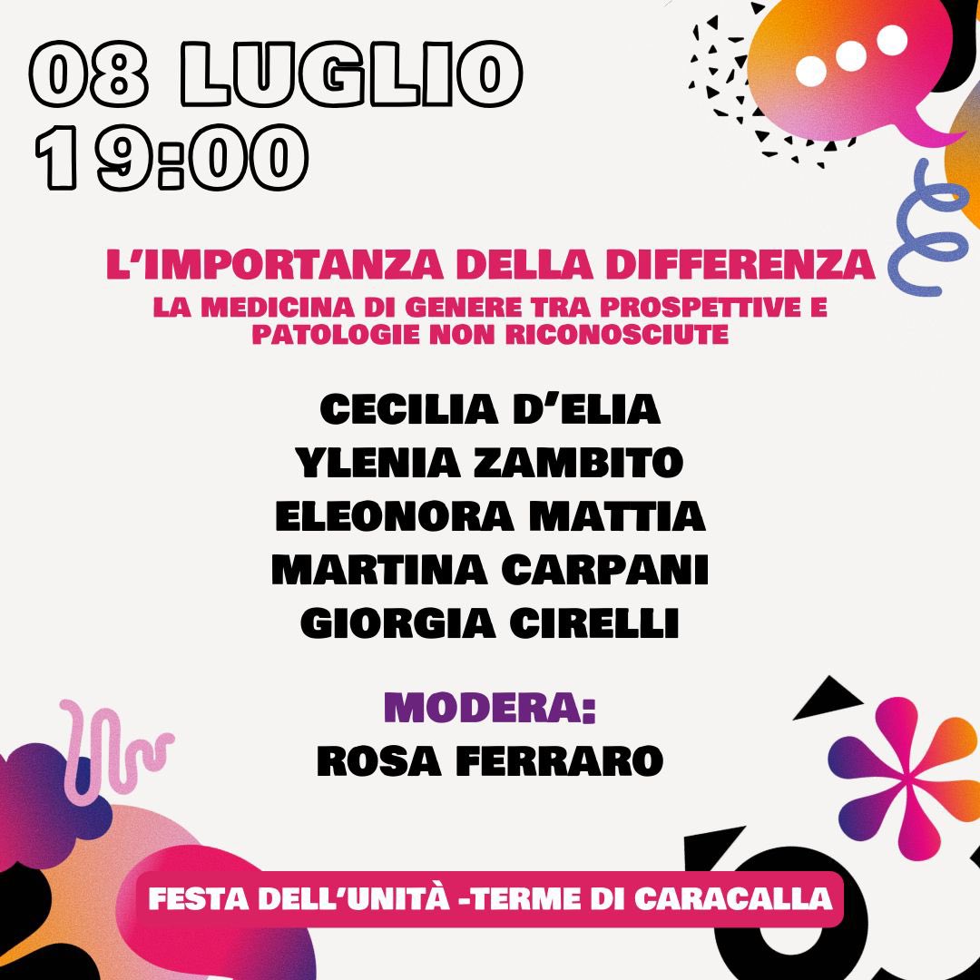 Ylenia Zambito (@yleniazambito) on Twitter photo Domani pomeriggio parteciperò ad un dibattito sulla medicina di genere alla Festa de l'Unità di Roma.
Ringrazio la collega <a href="/ceciliadelia/">Cecilia D'Elia</a> per avermi invitata, è importante portare avanti ogni iniziativa di informazione e confronto sulle patologie che colpiscono le donne. Domani pomeriggio parteciperò ad un dibattito sulla medicina di genere alla Festa de l'Unità di Roma.
Ringrazio la collega <a href="/ceciliadelia/">Cecilia D'Elia</a> per avermi invitata, è importante portare avanti ogni iniziativa di informazione e confronto sulle patologie che colpiscono le donne.