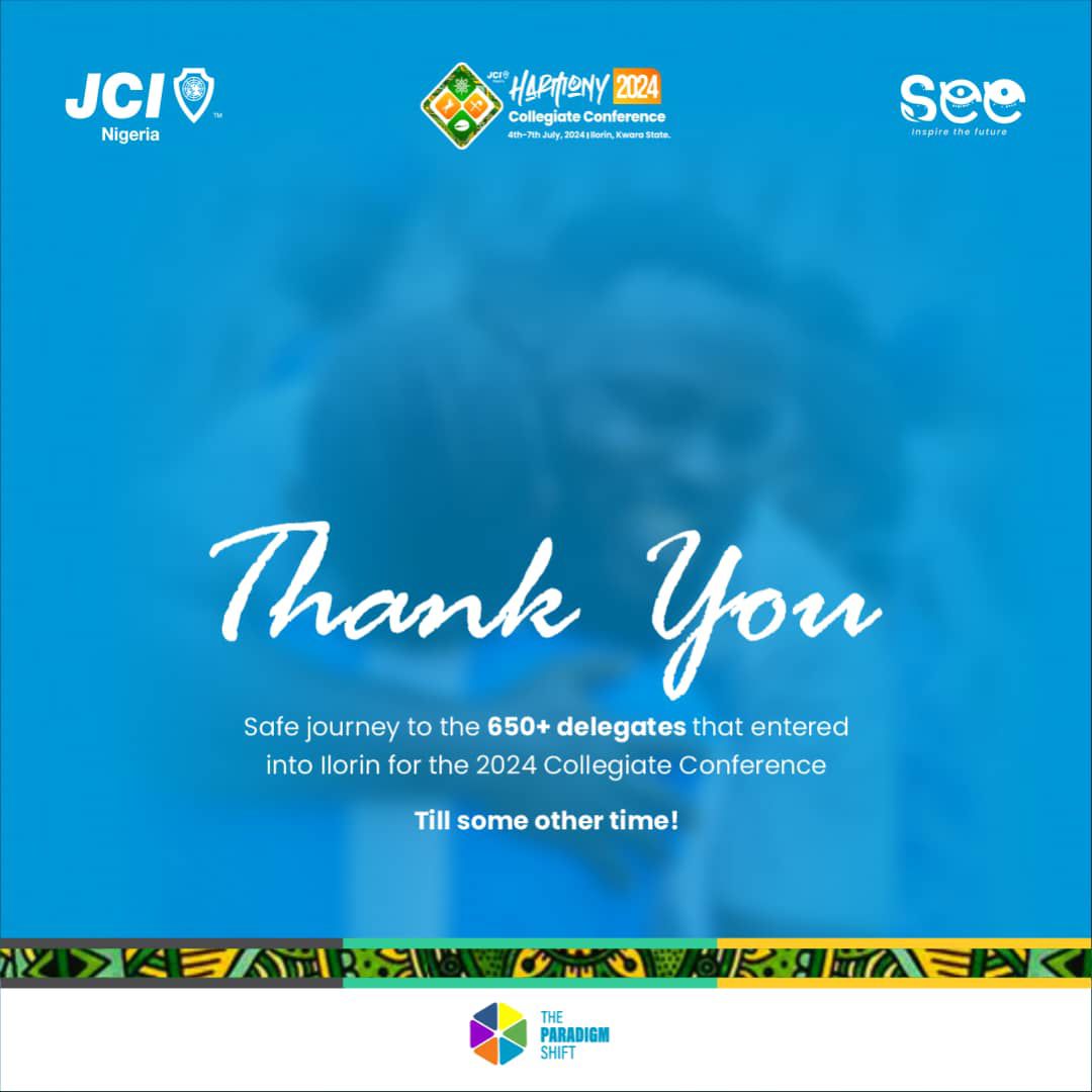 JCIN_UNILORIN's tweet photo. As we conclude the 2024 JCI Nigeria Collegiate Conference, we extend our heartfelt gratitude to the 650+ delegates who joined us in Ilorin.
#SEE
#InspireTheFuture
#JCINigeria
#JCINigeriaCollegiate
#TheParadigmShift
#CollegiateConference24Β
#Harmony24 https://t.co/qw3N0YEMOw