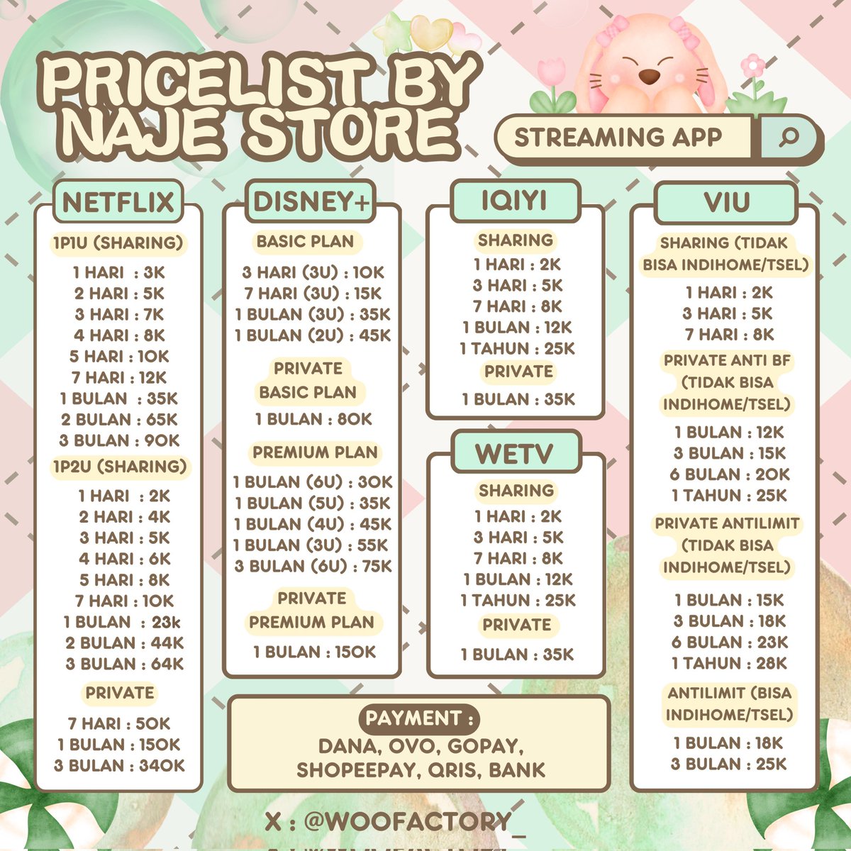 woofactory_'s tweet photo. ★ Trusted, murce, bergaransi, fast respon ✓
★ 500+ testi: https://t.co/9inntaLbiR 4

Order di WhatsApp saja yukss❗
☎️ Order WA : https://t.co/DLOhOBVdVb

tag : wtb wts netflix youtube iqiyi viu wetv vidio prime video loklok bstation blibli hbo go disney+ 
#zonajajan #zonauang https://t.co/AeTTiAFx2m
