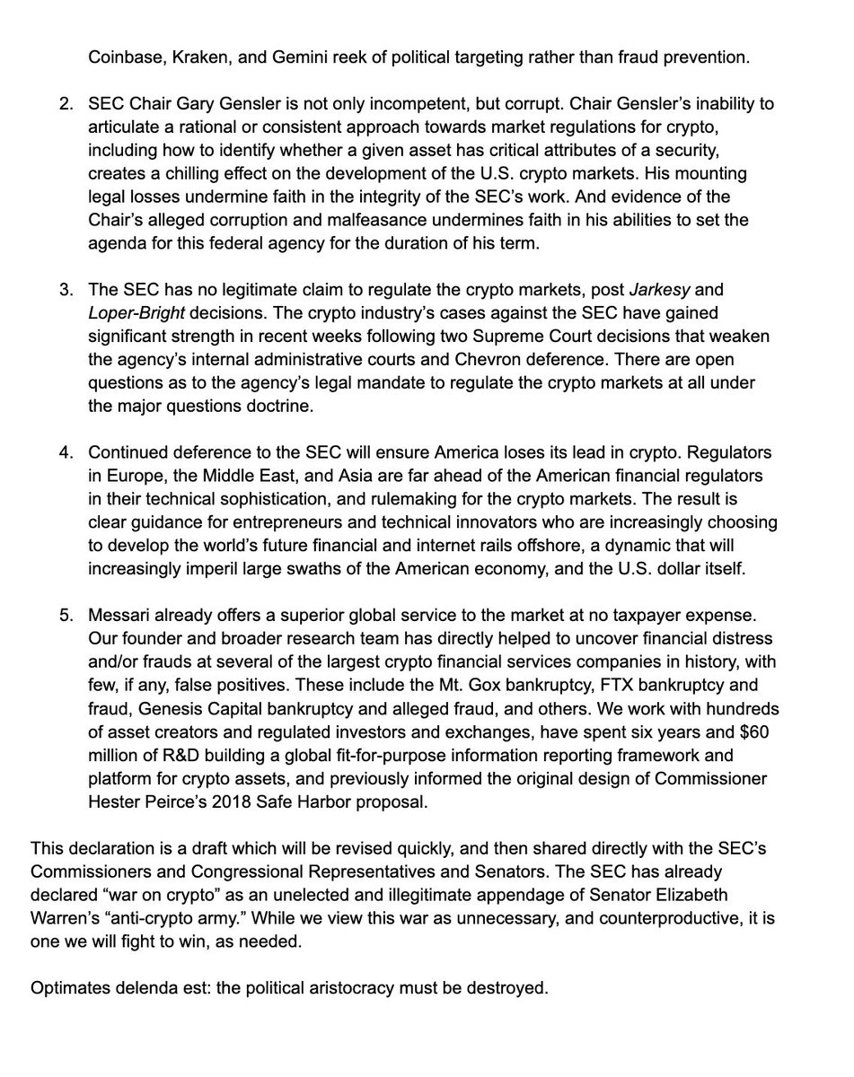 GM.

I've declared independence from the SEC and its corrupt Chair Gary Gensler.

In the months ahead, Messari will be operationalizing a war against this illegitimate and corrupt agency.

The draft below will be polished, improved, then sent to the SEC and Congress.

🇺🇸🇺🇸🇺🇸