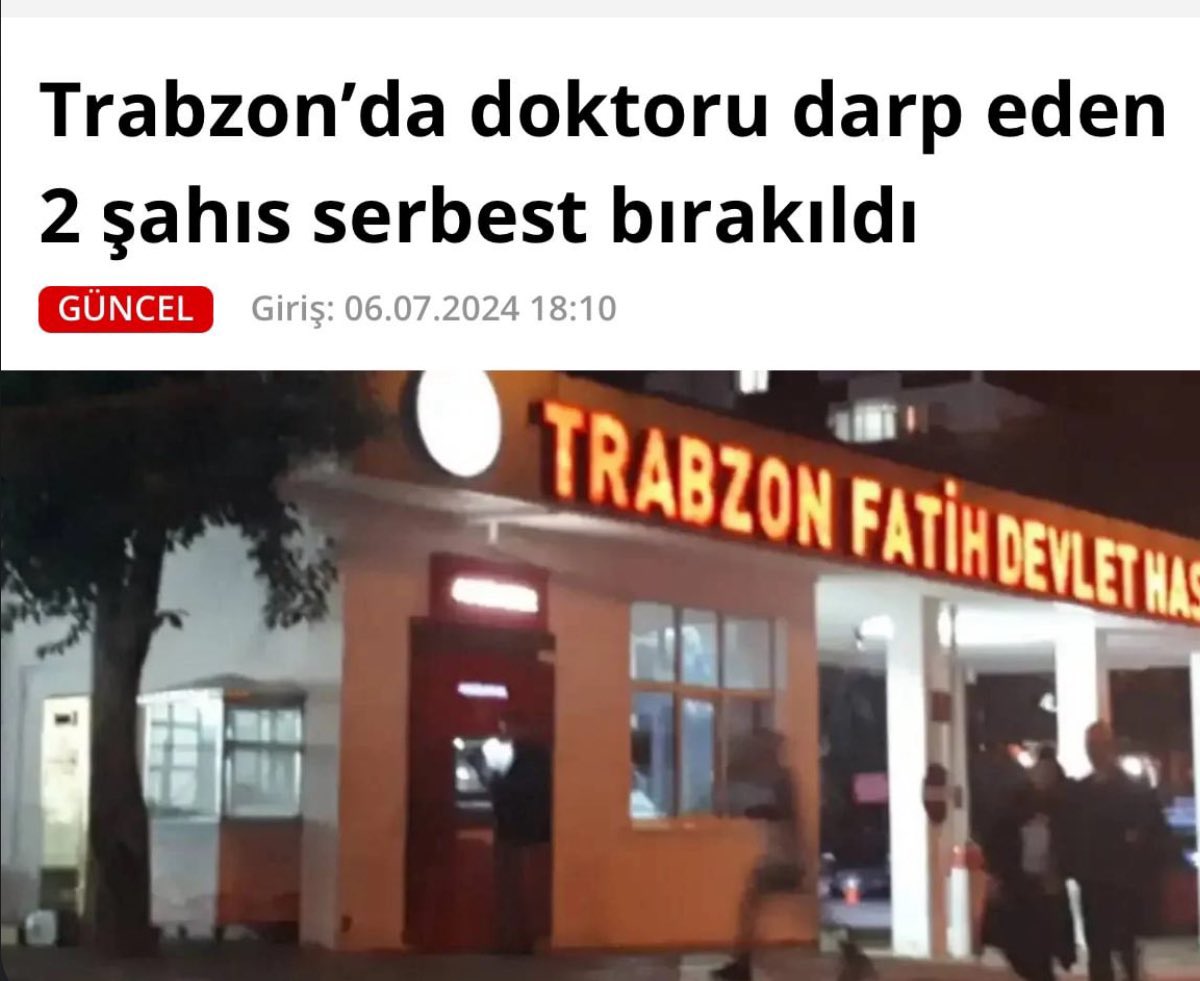 Trabzon’daki olayda şahıs, meslektaşımın dizini motosiklet kaskıyla vura vura kırmış.

Peki neden? Usulsüz istirahat raporu vermediği için.

Sonuç ‼️ Birkaç saat sonra serbest‼️

Yaşanan bu olaylara topyekün olarak tepkimizi, her mecrada anayasanın verdiği tüm hakları kullanarak