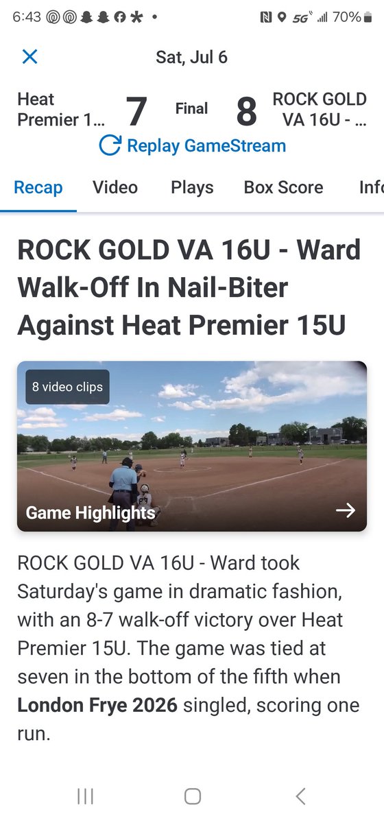 londonfrye2026's tweet photo. Another Walk Off Win! Moving on to Championship Sunday @COSparkFire We play at 10am come watch us play! @ROCKGOLDVA @getpureperform @RockGoldVA_Ward #Slappers #GetonBase #ChaosCreator💪 https://t.co/VbXJZuSbF0