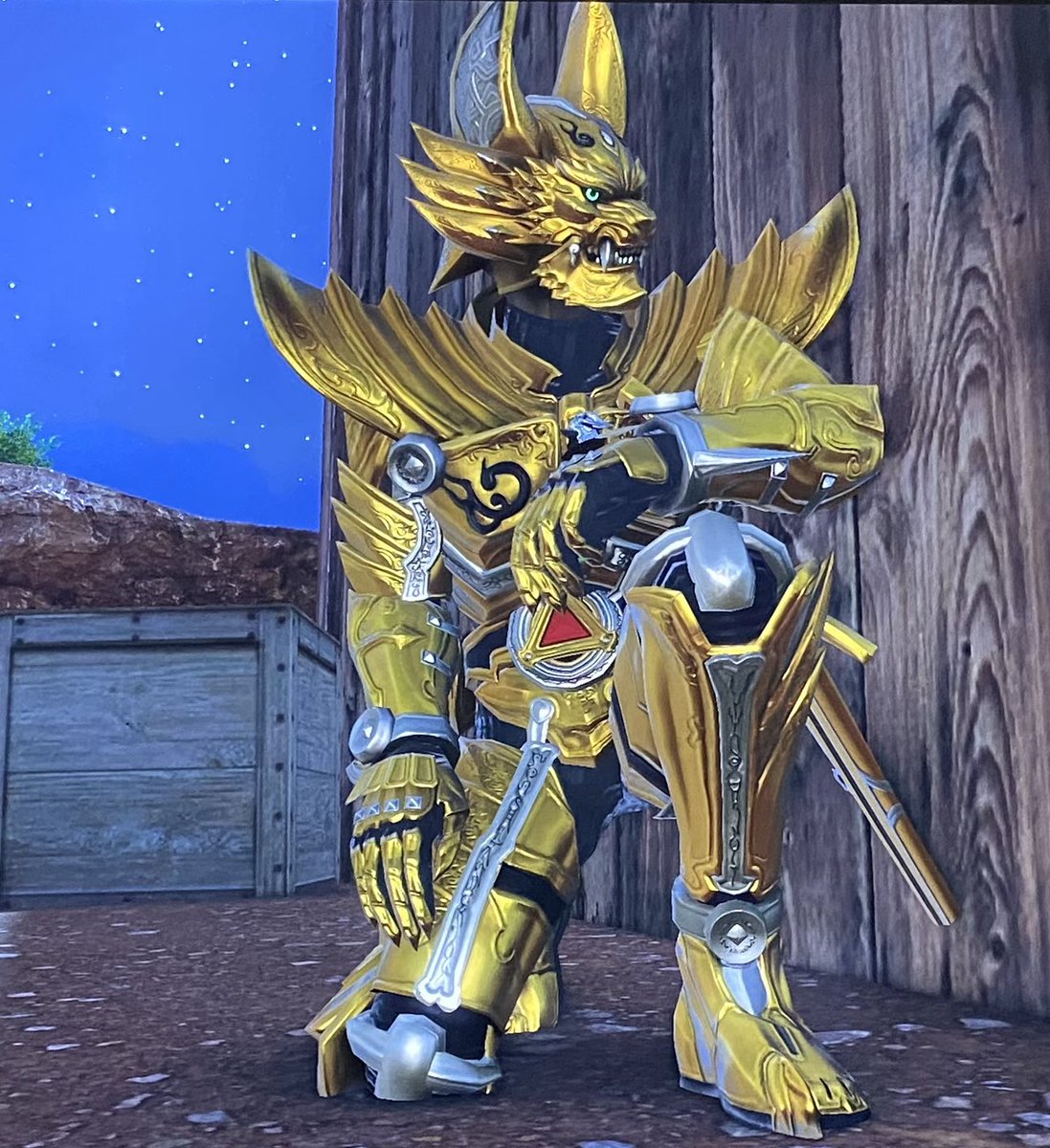 ガロの片膝立ち。スーツじゃ絶対に無理だけど、その前に造形部の許可が