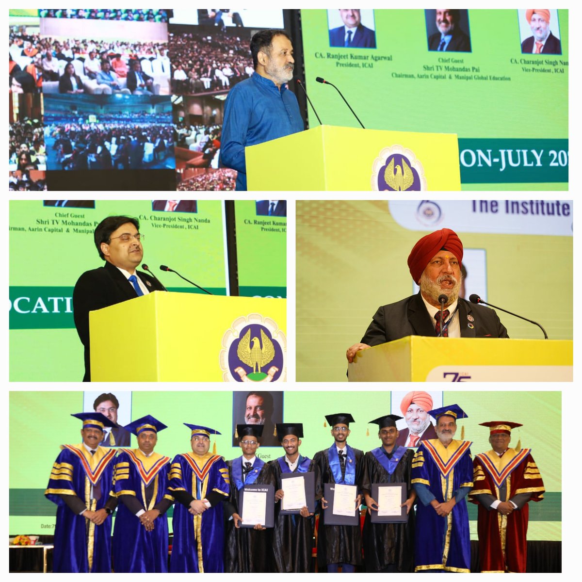theicai's tweet photo. ICAI held its #ICAIConvocation2024 for 9,821 Newly Qualified CAs at 13 Centres across the Nation on 07.07.2024. CA. Ranjeet K. Agarwal, President,CA. Charanjot Singh Nanda, VP &amp; CA. TV Mohan Das Pai with other CCMs addressed participants from Bengaluru &amp; New Delhi respectively. https://t.co/7fyqBvzjAs
