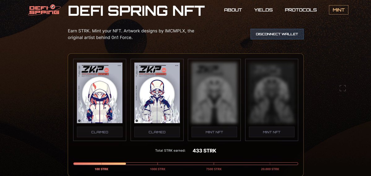 Pues dicho y hecho tal cual lo esperaba...

Starknet acaba de lanzar el DeFi Spring 2 con los tokens no reclamados del airdrop principal ‼️

50M de $STRK extras para hacer un total de 90M 🪂

Mismos protocolos, misma actividad y menos competencia 😉

Puedes mintear tus NFTs por