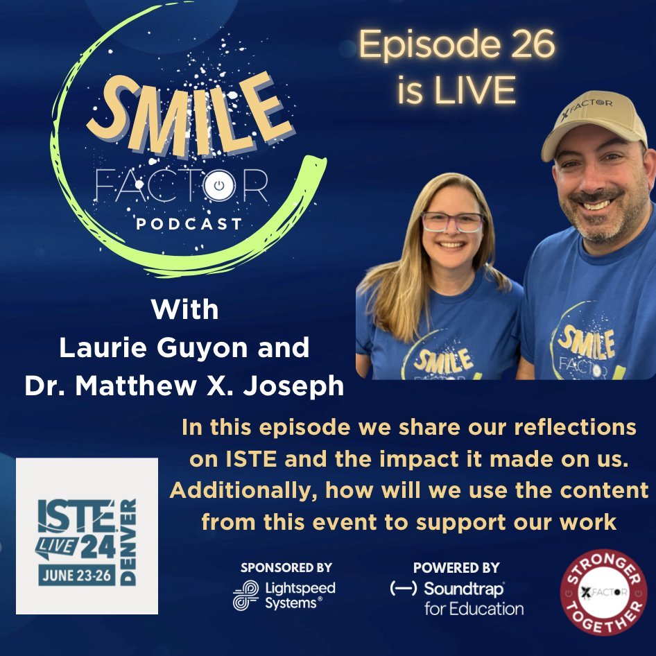Dr. Matthew X. Joseph (@matthewxjoseph) on Twitter photo Last day to be entered to win copy of SMILE Learning. How to enter: listen, retweet with your reflection, and tag 3 people
In this episode <a href="/SMILELearning/">Laurie Guyon 🐘</a> and I share our reflections on #ISTE and the impact it made on us.
Listen here: open.spotify.com/episode/6RoPLS… Last day to be entered to win copy of SMILE Learning. How to enter: listen, retweet with your reflection, and tag 3 people
In this episode <a href="/SMILELearning/">Laurie Guyon 🐘</a> and I share our reflections on #ISTE and the impact it made on us.
Listen here: open.spotify.com/episode/6RoPLS…