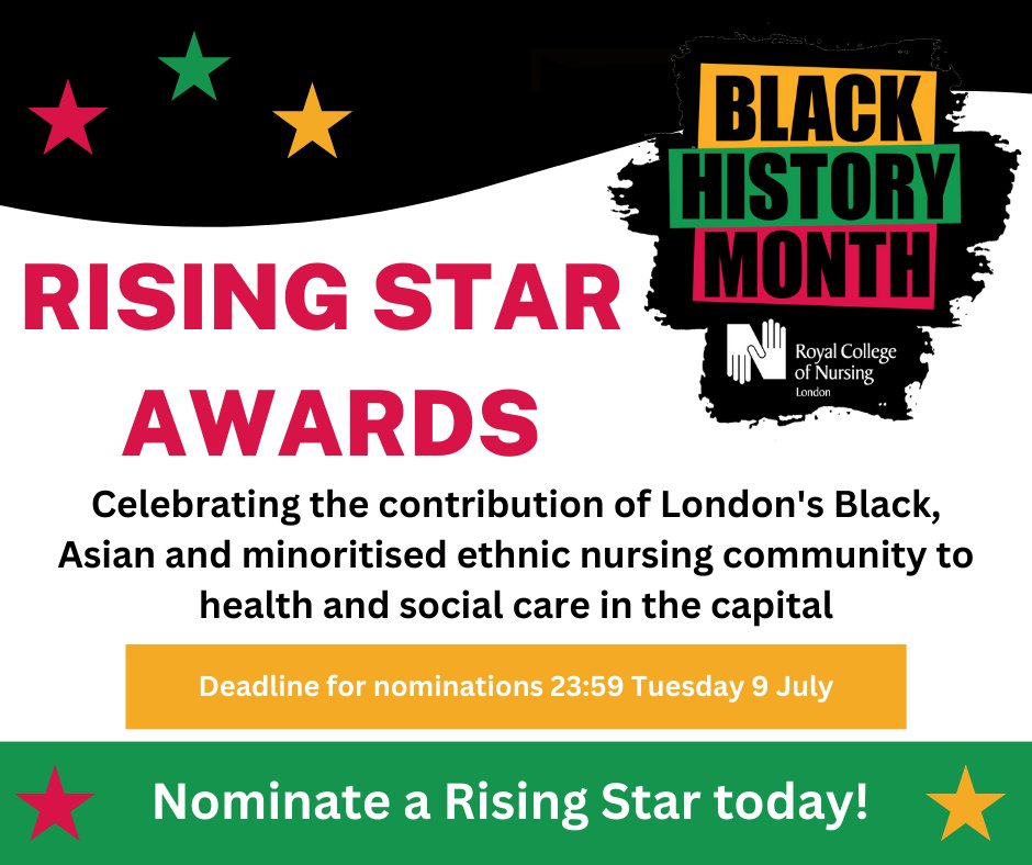 RCN London (@rcnlondon) on Twitter photo 🚨 Only 3 DAYS LEFT to nomination someone for our Rising Star Awards for 2024!
Do you work with colleagues from London’s Black, Asian and minoritised ethnic nursing communities who've gone the extra mile for patients & colleagues?
Recognise them now 👇
bit.ly/4b2x9m3 🚨 Only 3 DAYS LEFT to nomination someone for our Rising Star Awards for 2024!
Do you work with colleagues from London’s Black, Asian and minoritised ethnic nursing communities who've gone the extra mile for patients & colleagues?
Recognise them now 👇
bit.ly/4b2x9m3