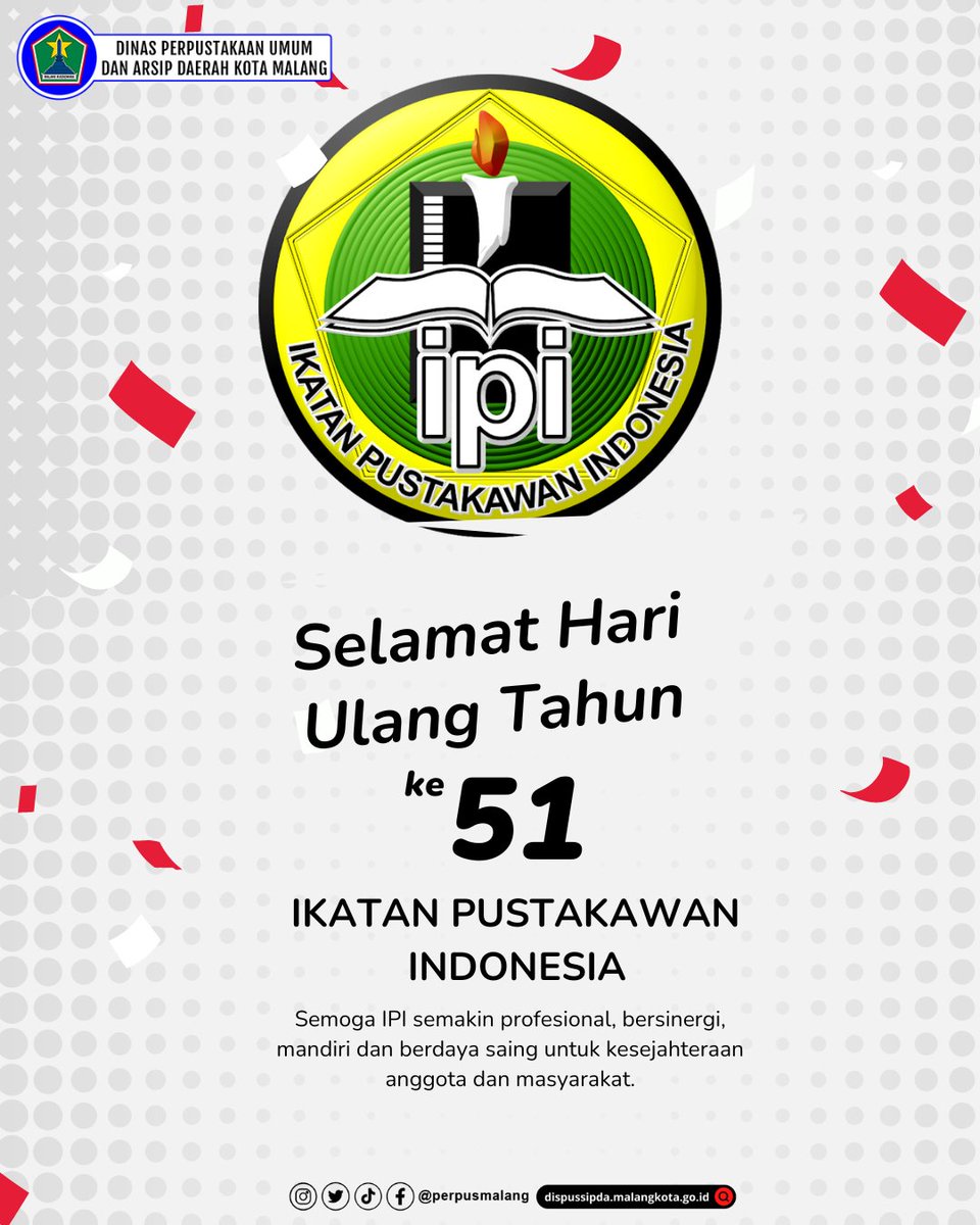 perpusmalang's tweet photo. #nawakdispussipda Hari ini, kita merayakan ulang tahun Ikatan Pustakawan Indonesia (IPI) yang ke-51. 

Selamat Hari Ulang Tahun ke-51 Ikatan Pustakawan Indonesia (IPI)!

#HariUlangTahunIPI #Pustakawan #perpusmalang
#nawakngalam #pemkotmalang #layanan https://t.co/g68MEbdlHt