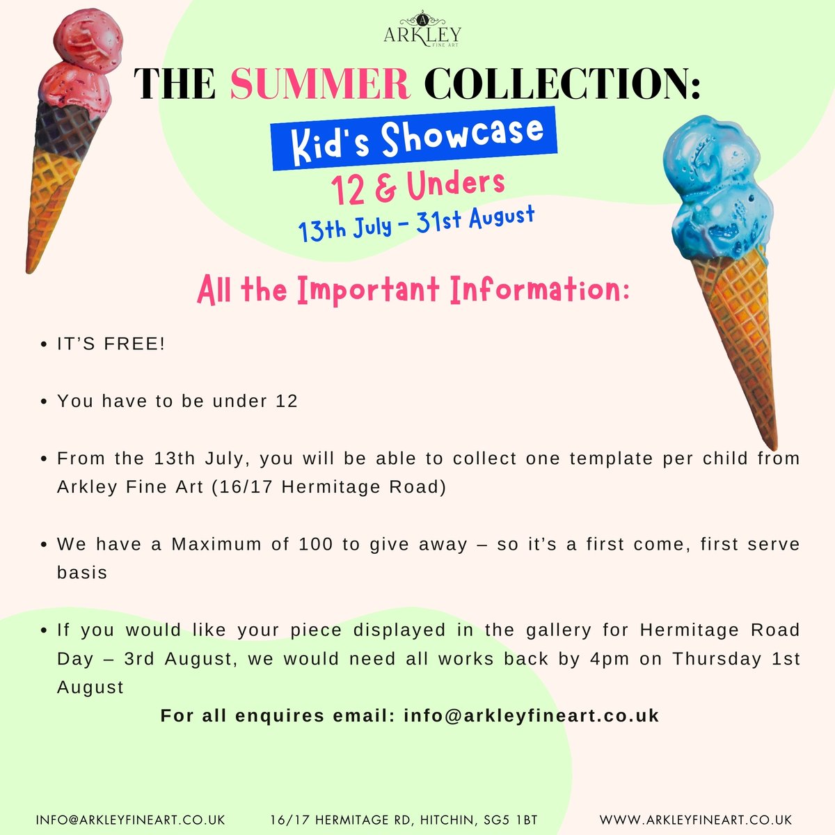 Parents with 12 &amp; Under Children: Collect your <a href="/sarahgraham_art/">Sarah Graham</a>  Ice Cream Templates next Saturday (13th July) from Arkley Fine Art, Hitchin to have your creativity showcased at our gallery on Hermitage Road Day (3rd August)☀️🍦

arkleyfineart.co.uk/viewing-room/4…
