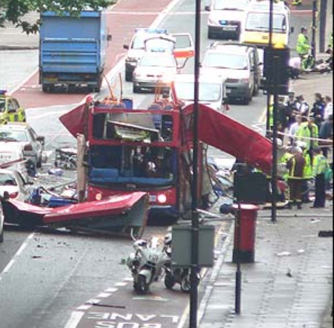 NormanBrennan's tweet photo. Folks today 19yrs on we remember 52 people Murdered by Terrorists &amp; many maimed/Injured across London; a Met Bomb dog handler mate was first to enter this👇bus he was driving into the road as bomb went off; the sights he &amp; others witnessed were horrific! I wish them all peace😞 https://t.co/z5SK9U7Il7