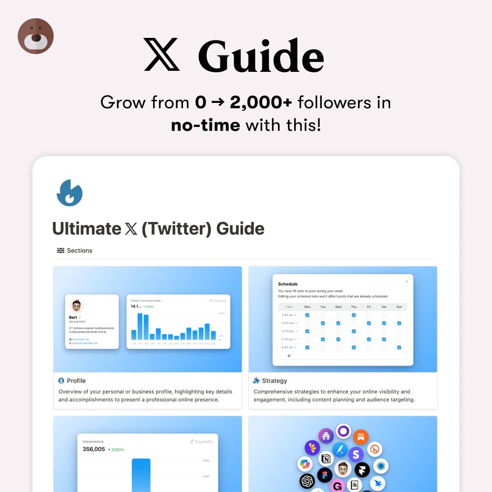 bzagrodzki's tweet photo. I went 0 → 2,000+ followers in 3 months 🔥

I put ALL I learnt into my "𝕏 Guide".

Worth $100+ but it's FREE for next 24 hours 🎁

1. Comment "Guide"
2. Retweet
3. Follow (so I can DM)

And I'll send you the detailed access.

#buildinpublic https://t.co/z8iVVcFzWy