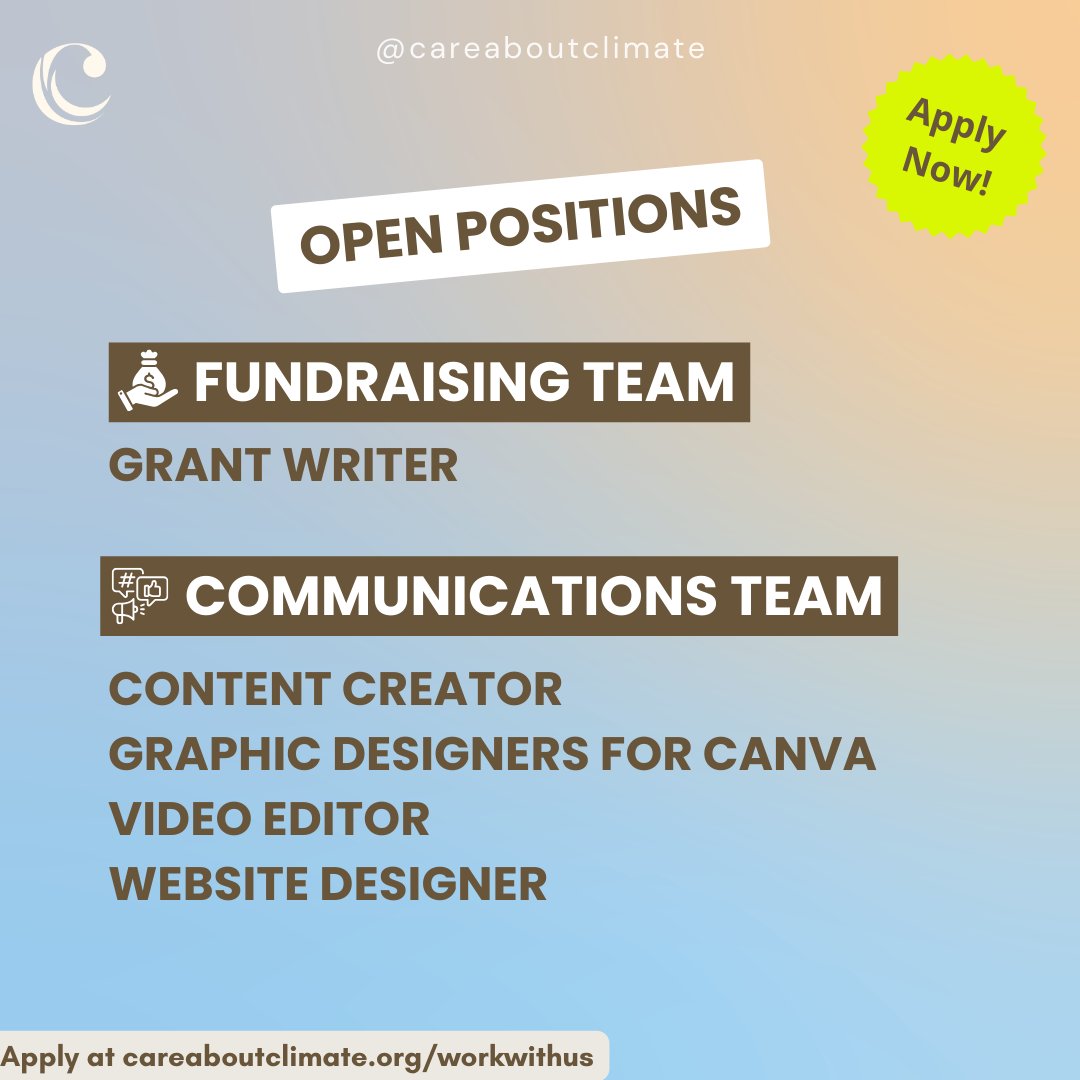 Are YOU the young, passionate, and climate action-driven volunteer we're looking for? 👀

Currently, we're looking for people to join our
💰 Fundraising Team, &amp;
📢 Social Media and Communications Team

 Apply at careaboutclimate.org/workwithus

📆 Deadline : 21st July 2024
#CAC