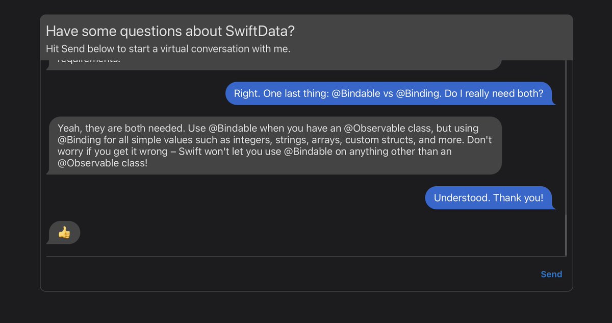 iOS918M's tweet image. Day 59 of the #100DaysOfSwiftUI at hackingwithswift.com/100/swiftui/59 via @twostraws 

I highly recommend doing this chat thank you Paul for providing summary of the SwiftData in this way. Love it!