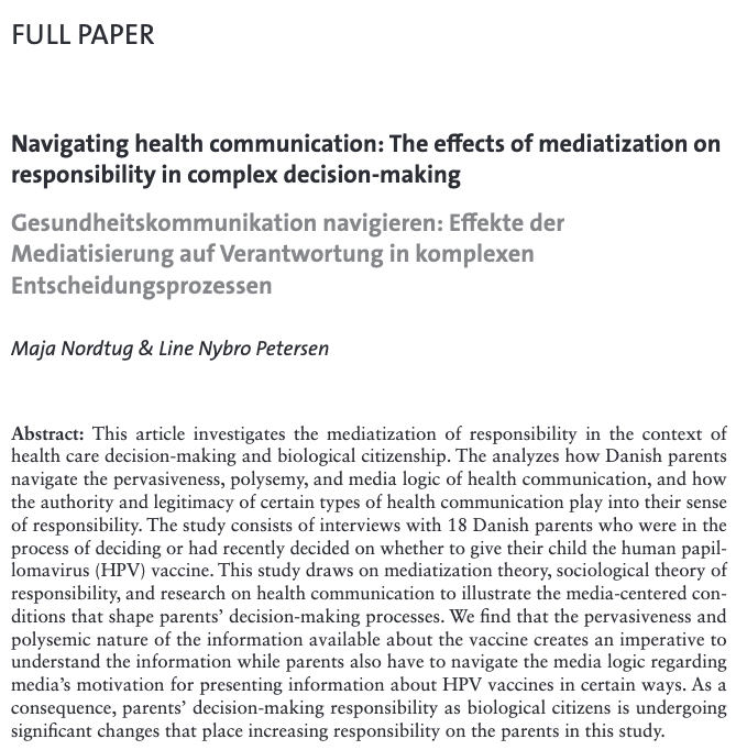 #Vaccination decisions for one’s children are complex. Through qualitative interviews with 18 parents, @MajaNordtug and <a href="/NybroPetersen/">@linenybro.bsky.social</a> highlight how responsibilities have shifted due to #mediatization processes: doi.org/10.5771/2192-4…