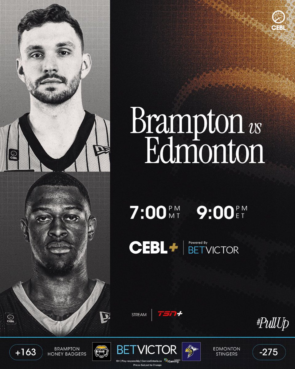 CEBLeague's tweet photo. The league’s hottest team 🆚 the team with the league’s best record 

⏰: 9:00 p.m. ET

Watch Live on TSN+ &amp; CEBL+ powered by @BetVictorCanada 

#PullUp https://t.co/vH0wtUfuZ5