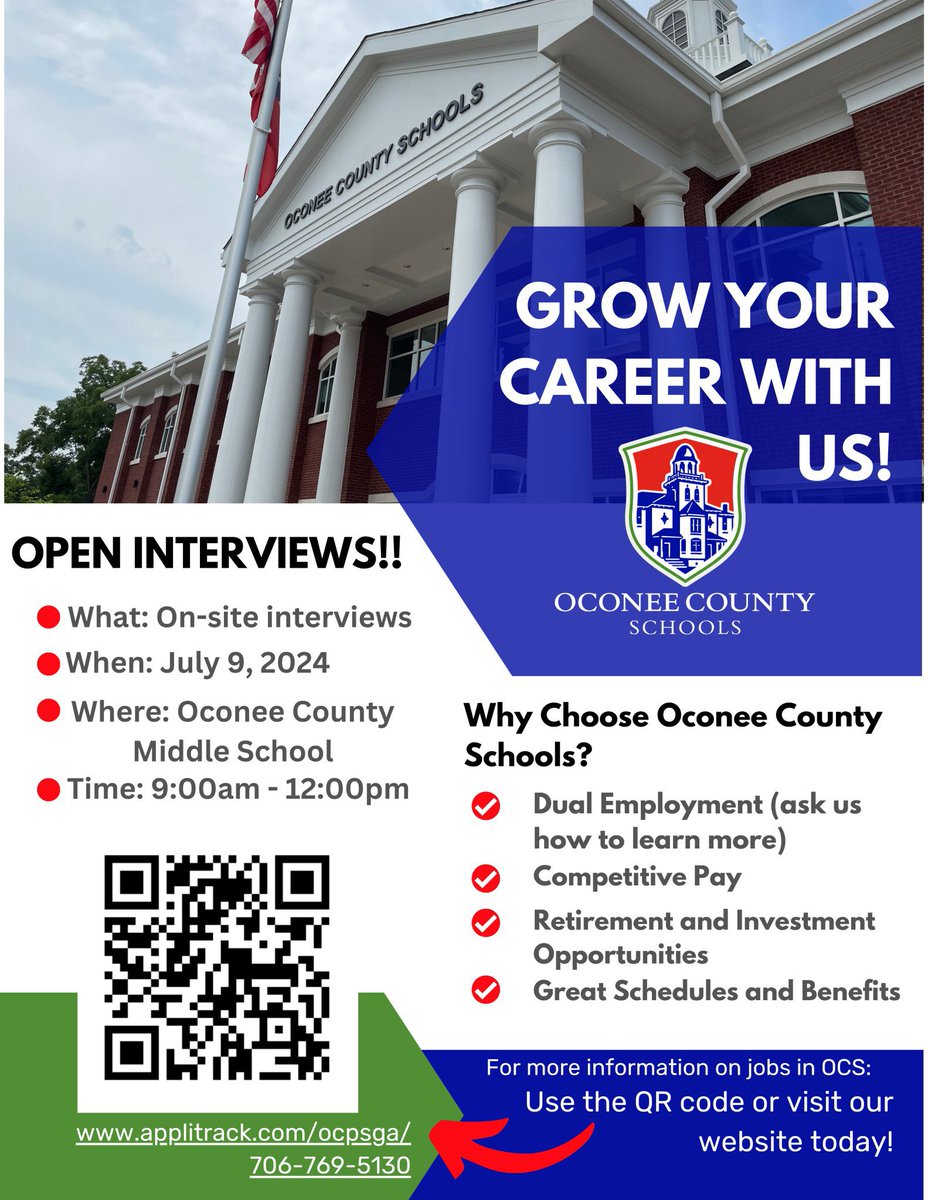 We are hiring! Stop by Oconee County Middle School on Tuesday to find your perfect role! #OconeeFamily