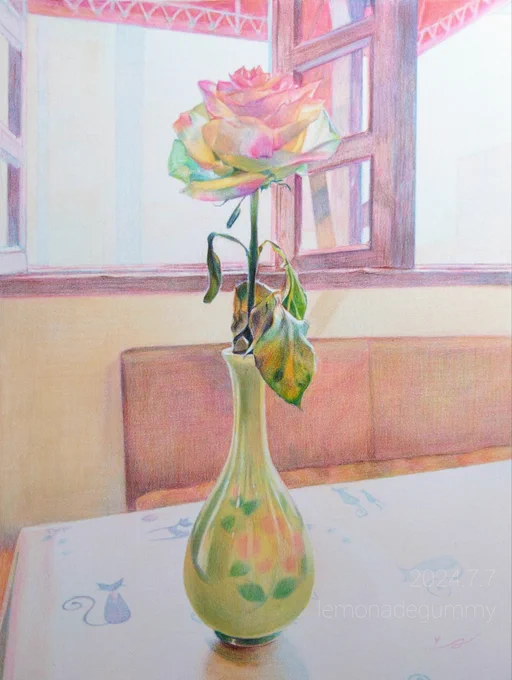 【個展出品作紹介】 新作です 無印良品の色鉛筆で、個展先のお花と店内をやわらかく描きました ルル/2024.7 約A4 うぐさみさき個展『さやけき謳(うた)』 ●7/16(火)~27(土) ●ギャラリー喫茶ルル(旭川) ●平日8時～18時、土8時～14時 ※日・祝 定休 #うぐさみさき個展 #色鉛筆 #無印良品