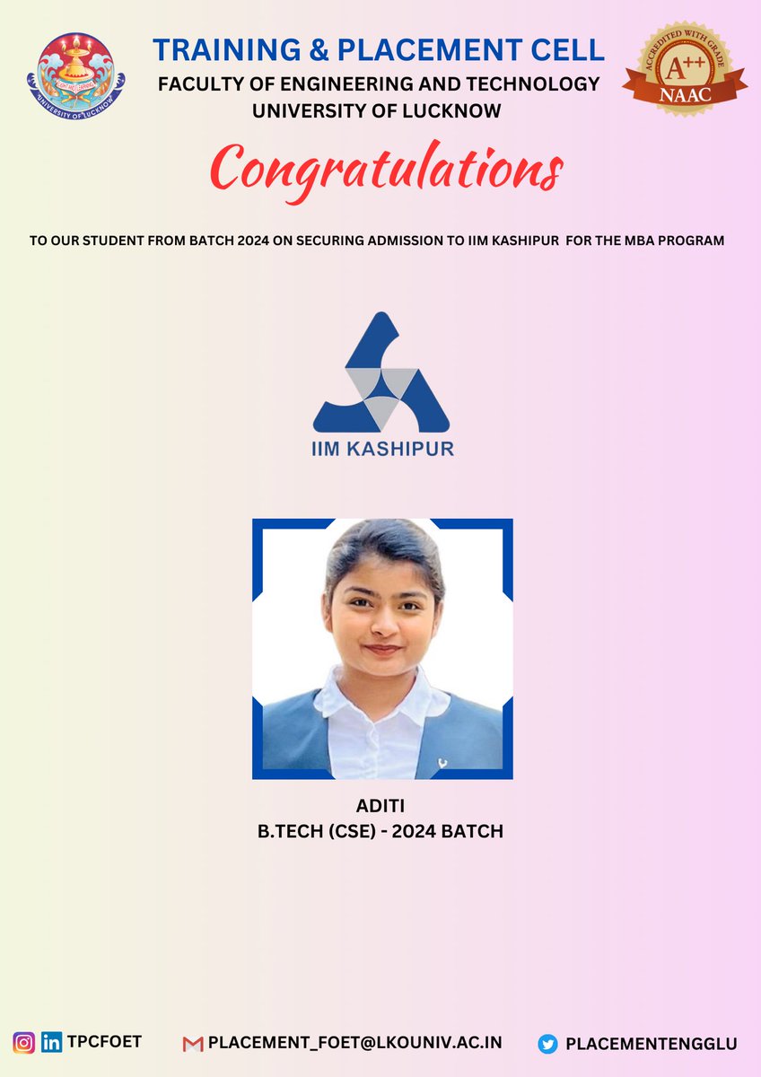PlacementEnggLU's tweet photo. The T&amp;P Cell at FoET is delighted to share that Aditi from the BTech CSE 2024 batch has been admitted into the MBA program at IIM Kashipur. 

Congratulations, Aditi! Wishing you immense success in your future pursuits! 🌟 #LUpride #IIMKashipur #MBA #StudentSuccess https://t.co/7uy4LkEmTU