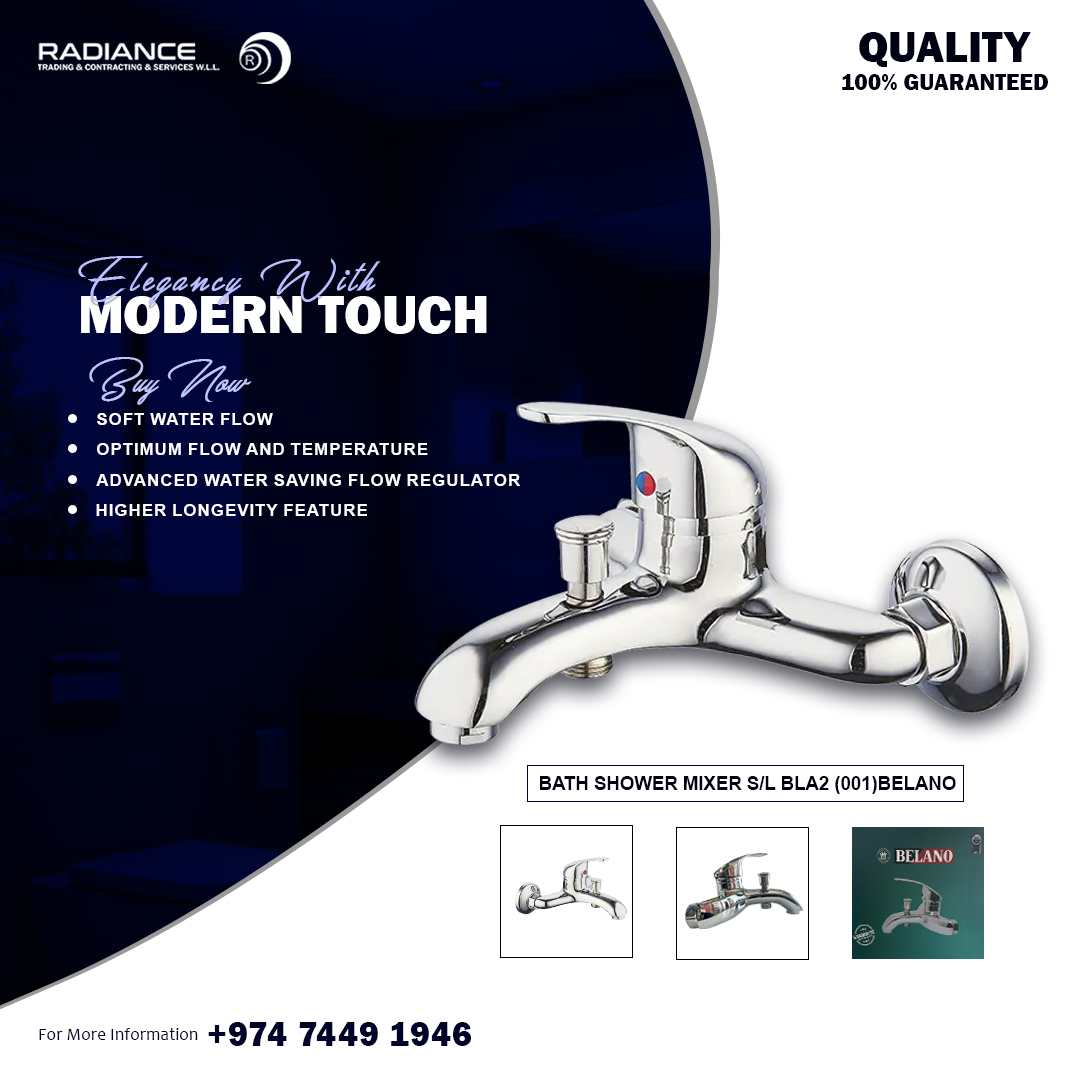 Unleash elegance in every drop with Radiance Qatar Bath Shower Mixer BELANO! Experience optimum water flow  temperature control, ensuring a soft yet efficient cleanse. With an advanced water-saving feature  guaranteed longevity, step into a world where quality meets modern touch.